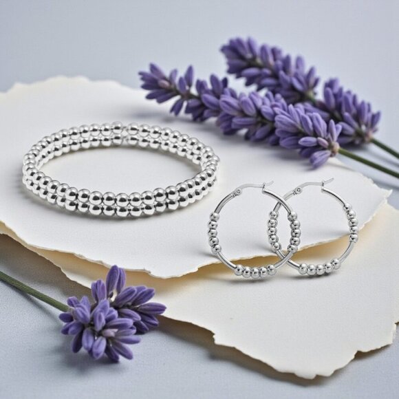 Minimalist Beaded Hoop Earrings And Stretchy Bracelet Set Stainless Steel - Picture 7 of 9